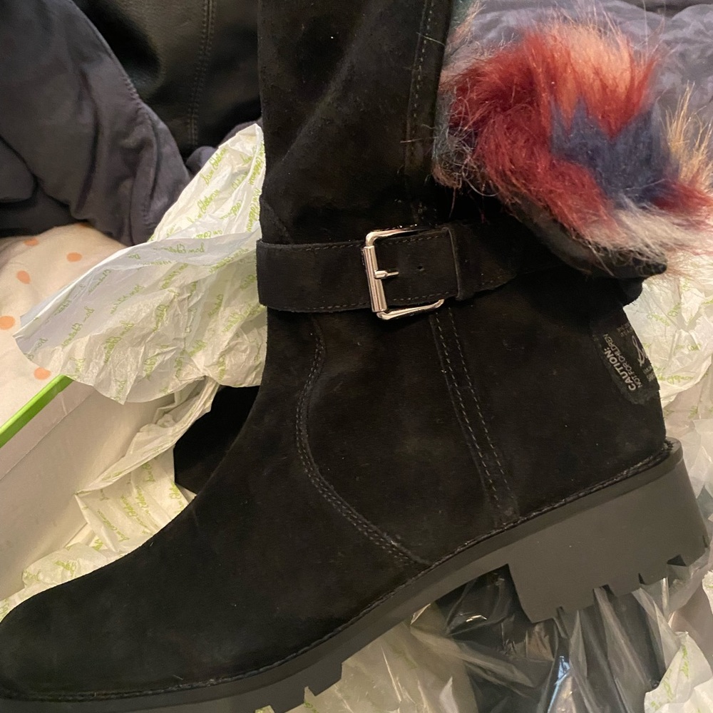 New in box Sam Edelman suede boots with multi color faux fur details size 11